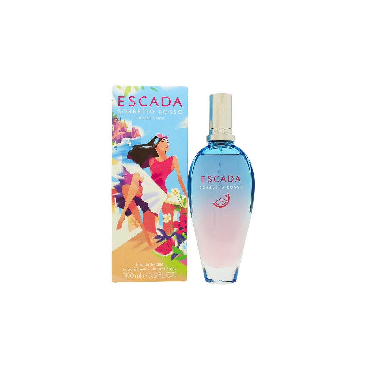 Escada Sorbetto Rosso Eau de Toilette 100 ml – rødtonet, rund glasflaske med sølvfarvet låg og hvidt logo