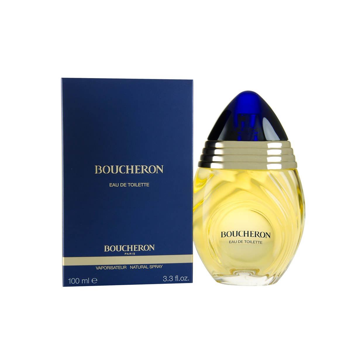 Boucheron Eau de Toilette 100ml fra Boucheron i rund, klar glasflaske med guldtone og blå safirlignende prop.