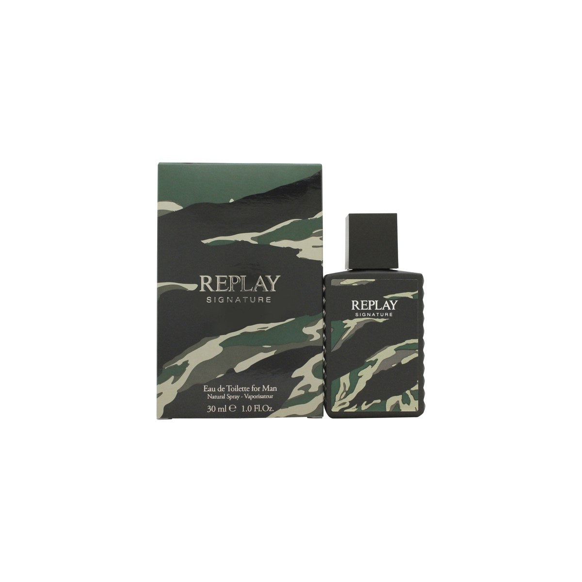 Replay Signature for Men Eau de Toilette 30ml, Replay, 30 ml – rektangulær klar glasflaske med blågrå tone og sølvfarvet låg