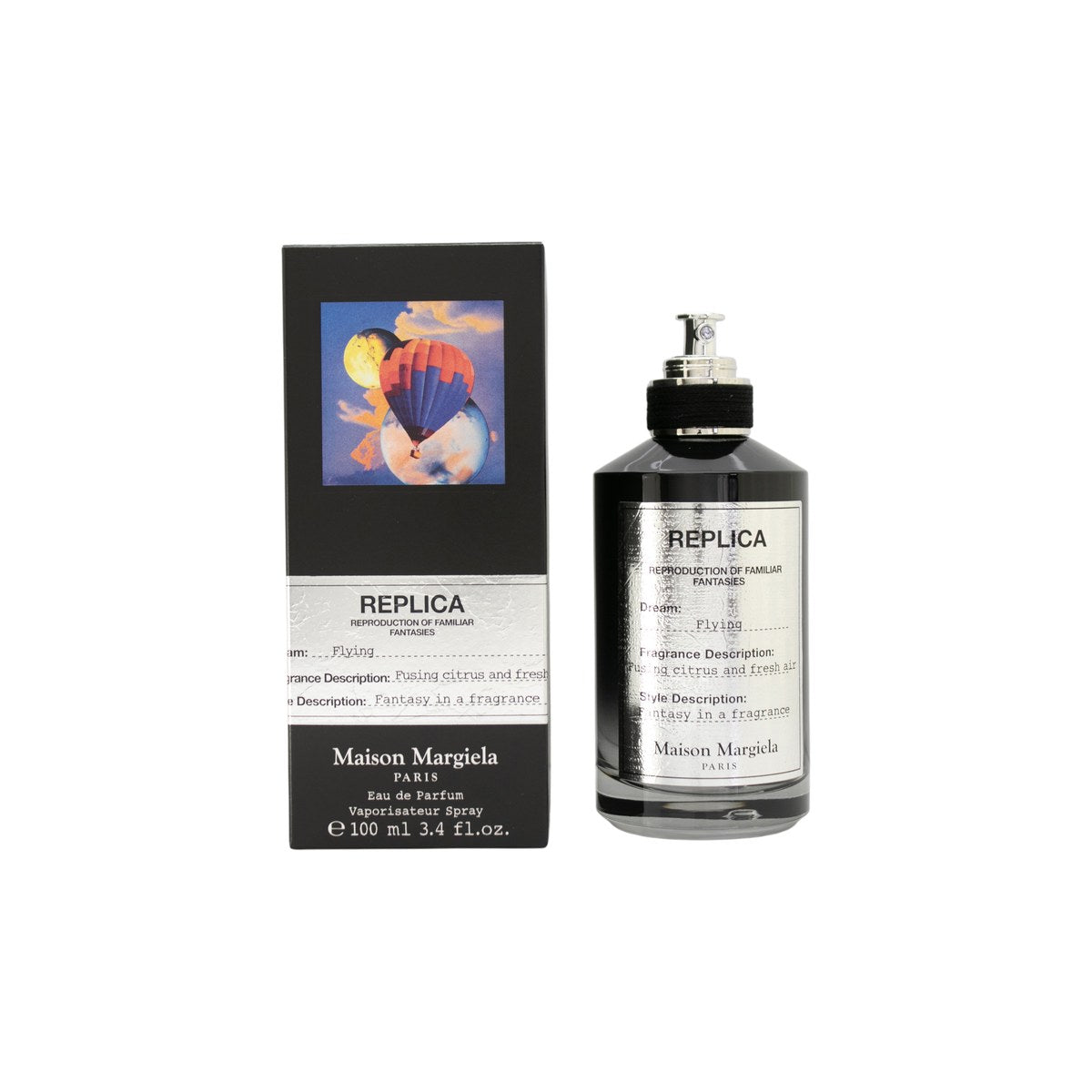 Maison Margiela Flying Eau de Parfum, Maison Margiela, 100 ml – klar glasflaske med sølv spray og hvid etiket