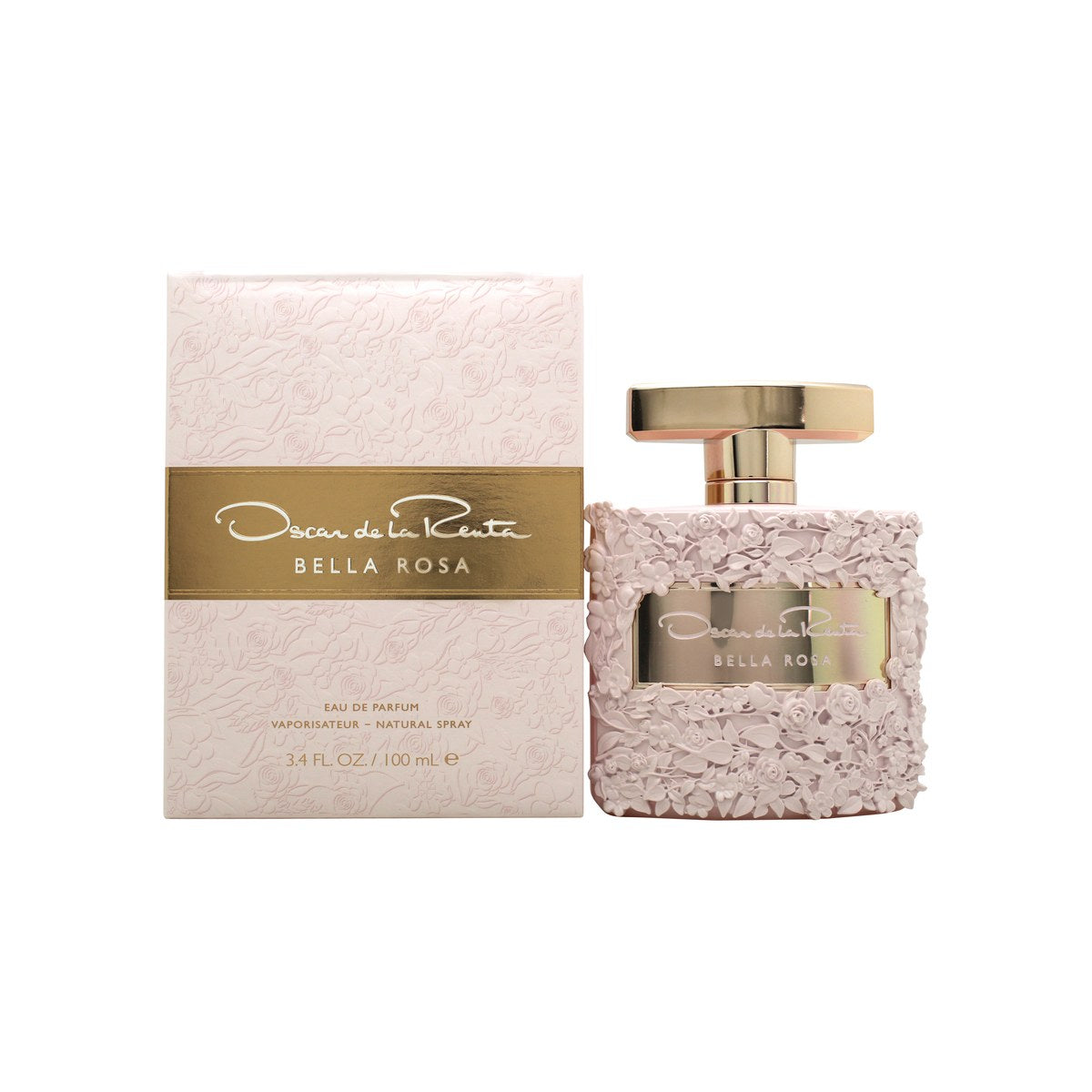 Bella Rosa Eau De Parfum Oscar De La Renta 100 ml – parfume i facetteret flakon med lyserøde blomster og rosaguldkappe