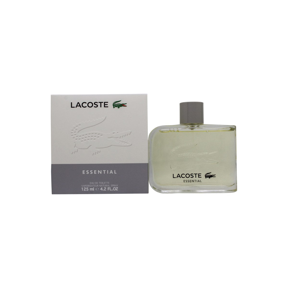 Lacoste Essential Eau De Toilette, Lacoste, 125 ml – klar flaske med sølvfarvet låg og grøn krokodillelogo