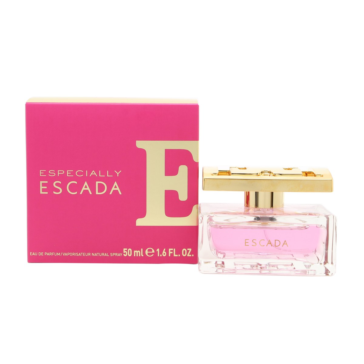 Especially Escada Eau De Parfum, Escada, 50 ml – klar glasflakon med slanke linjer, rosa væske og stor gylden hætte med logo