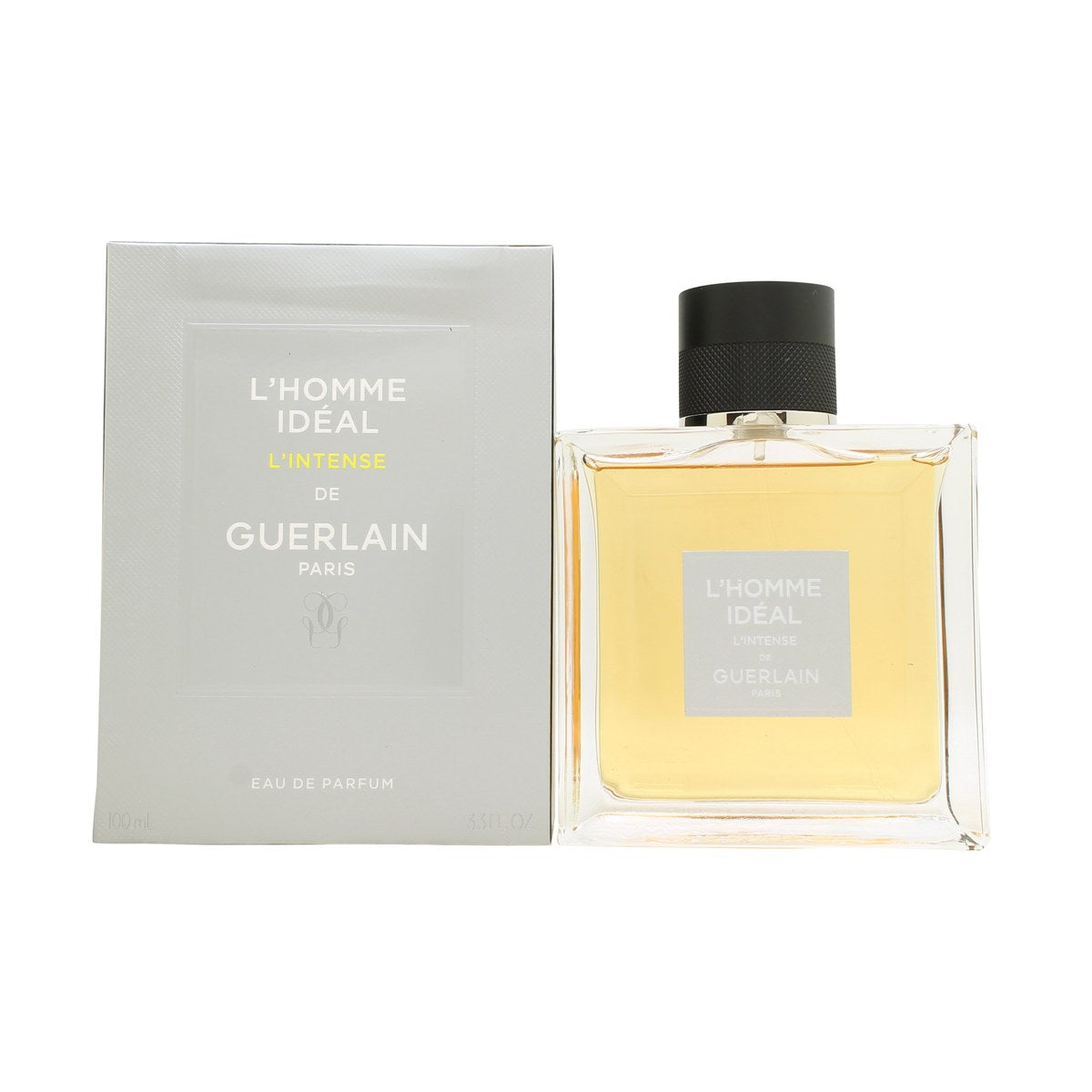 Guerlain L'Homme Idéal L'Intense Eau de Parfum 100 ml – mørk, kvadratisk glasflaske med sort låg og rødbrun duft