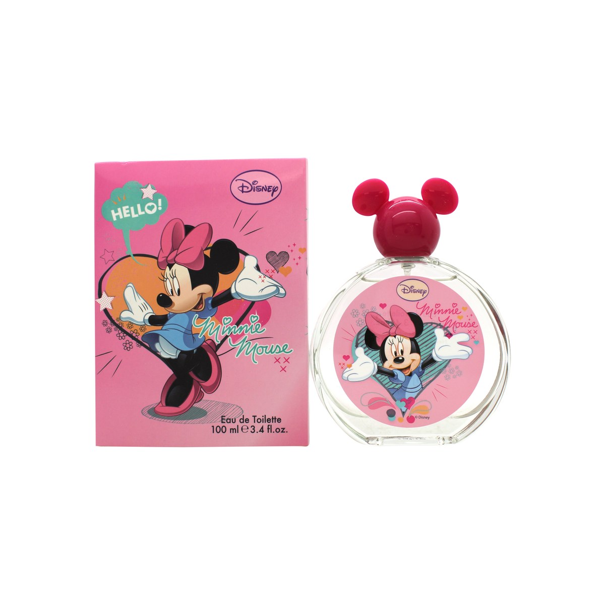 Disney Minnie Mouse Eau de Toilette 100 ml fra Disney i rund klar flakon med lyserød Minnie-etiket og pink låg