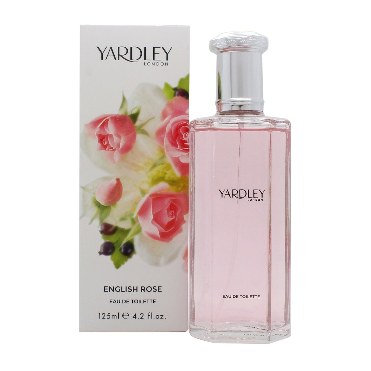 Yardley English Rose Eau de Toilette 125 ml fra Yardley i klar glasflaske med sart rosa duft og sølvfarvet låg