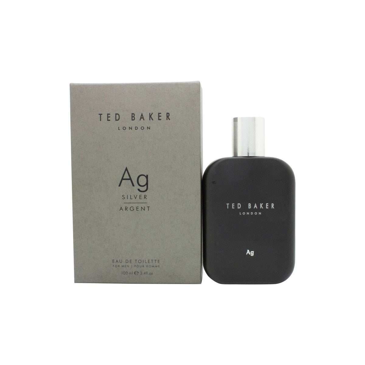 Ted Baker Ag Eau de Toilette, Ted Baker, 100 ml – sølvfarvet flakon med rillet metal og sort låg