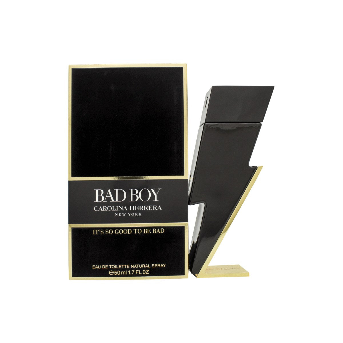 Bad Boy Eau De Toilette Carolina Herrera 50 ml, sort lynformet sprayflaske med blank finish og markante linjer.
