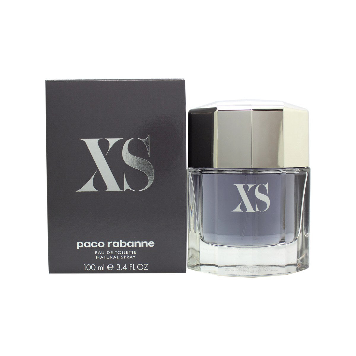 Paco Rabanne XS Eau de Toilette 100ml – klar glasflaske med sølvlogo og sort, blank hætte i minimalistisk design
