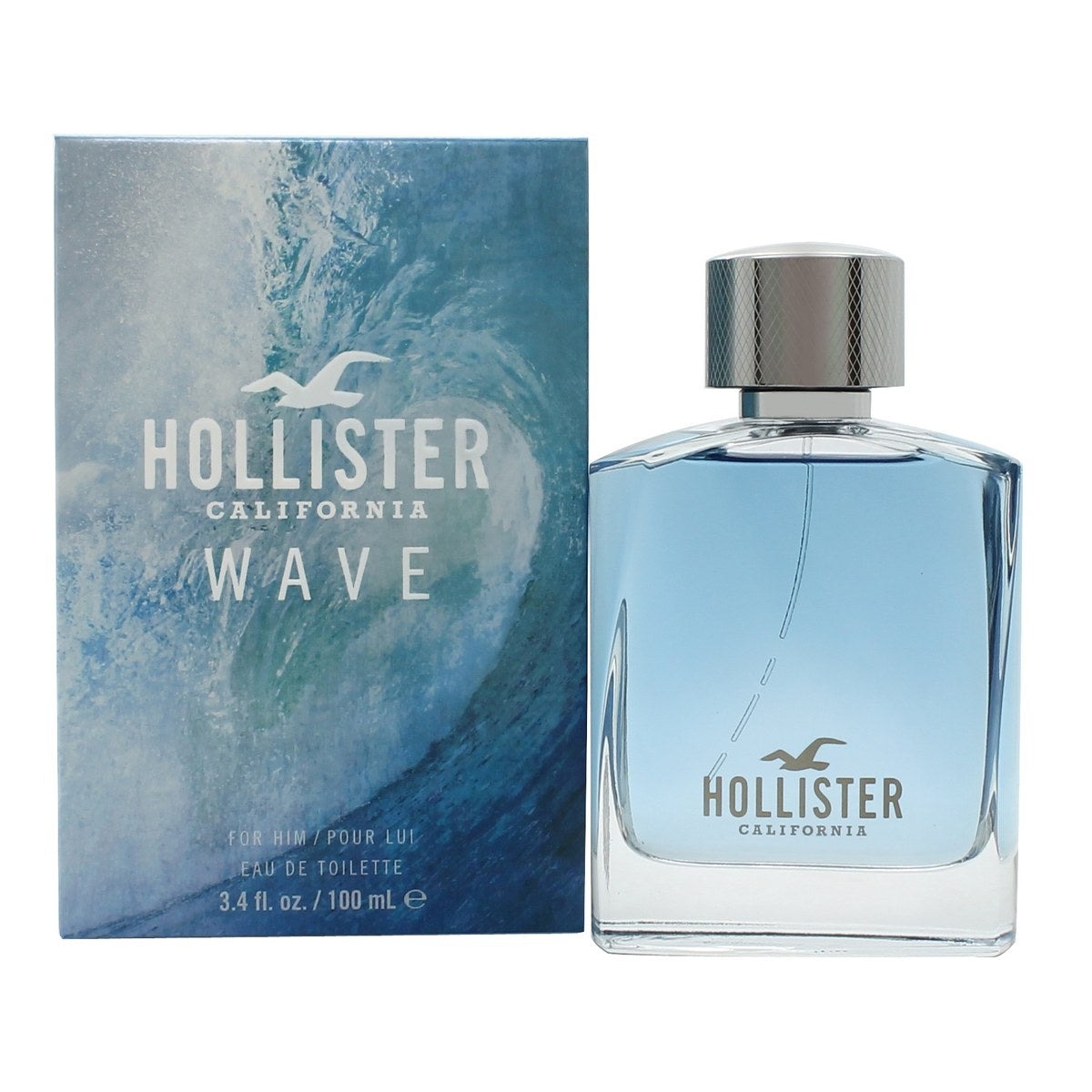 Wave For Him Eau De Toilette Hollister 100 ml klar glasflaske med blåt indhold og sølvfarvet låg i enkelt design