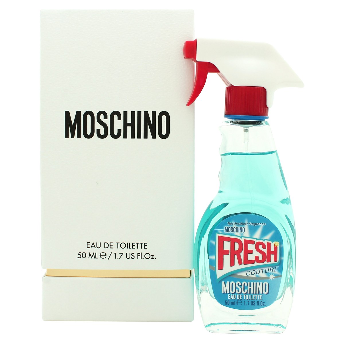 Fresh Couture Eau De Toilette Moschino 50 ml klar sprayflaske med blå væske, sort sprayhoved og minimalistisk logo
