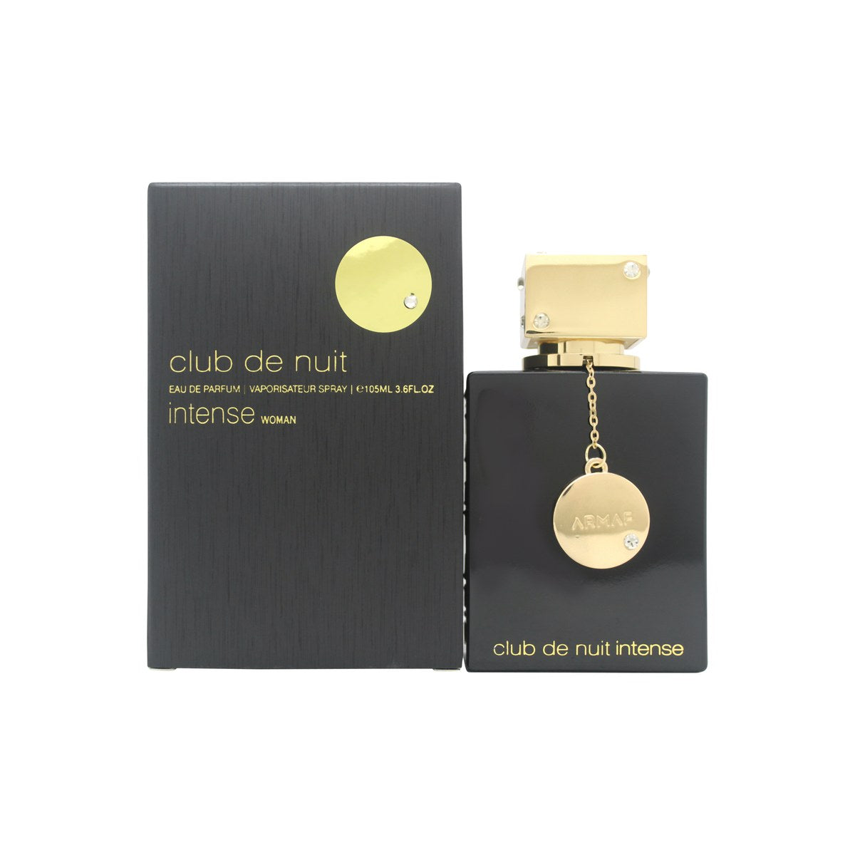 Club De Nuit Intense Woman Eau De Parfum Armaf 105 ml, sort firkantet flakon med gyldne detaljer og roligt elegant udtryk