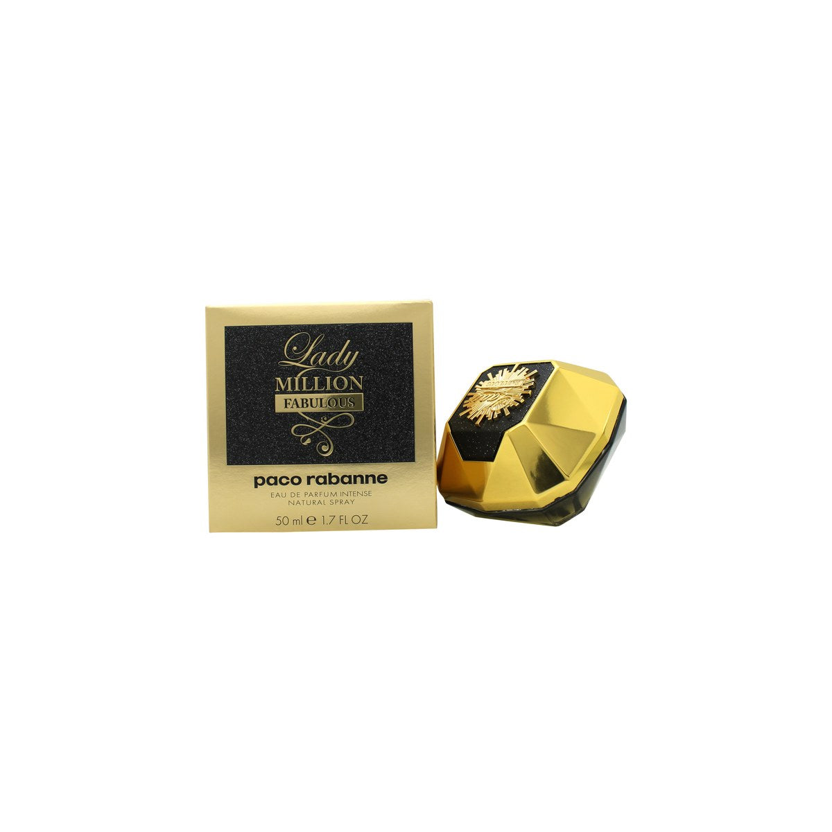 Lady Million Fabulous Eau De Parfum Rabanne 50 ml, diamantformet flakon i blank sort med facetteret design og luksuriøst udtryk