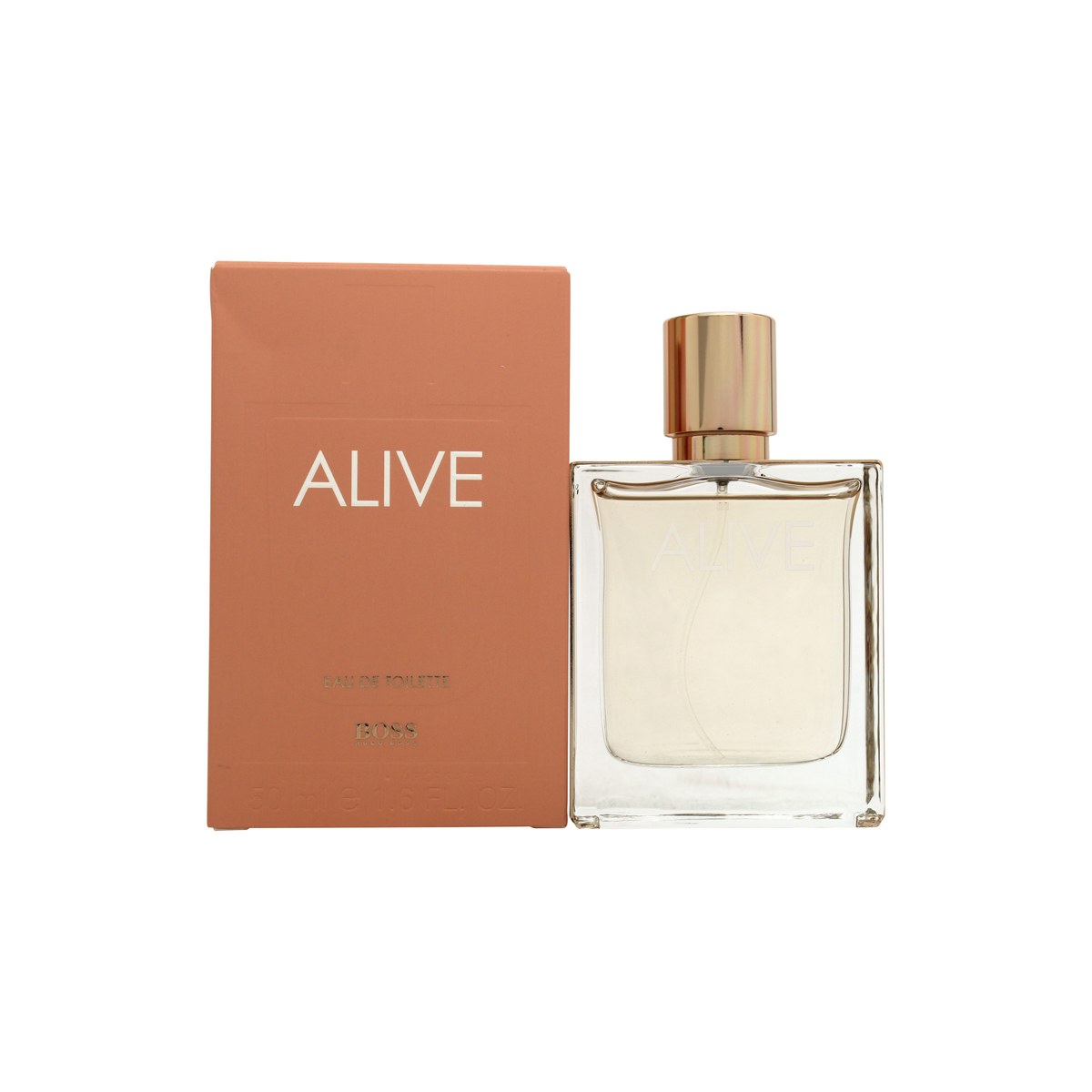 Hugo Boss Boss Alive Eau de Toilette 50 ml fra Hugo Boss, glasflakon med gylden duft og firkantet guldkapsel i rent design.