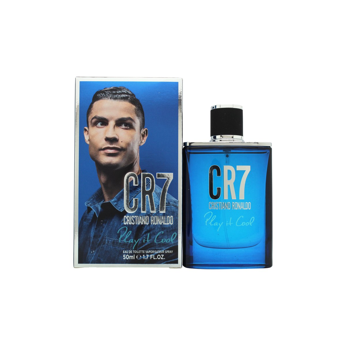 Cristiano Ronaldo CR7 Play It Cool Eau de Toilette 50 ml – blåtonet glasflaske med sølv CR7-logo og blank sølvhætte