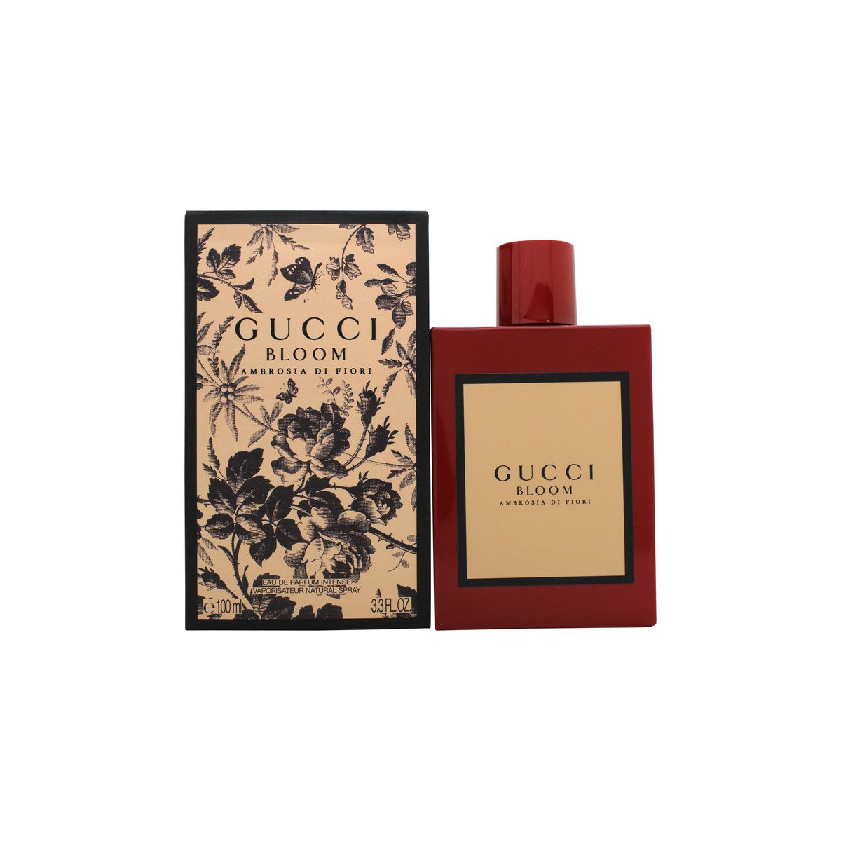 Gucci Bloom Ambrosia di Fiori Eau de Parfum 100 ml, Gucci – dybrød lakeret flakon med firkantet form, sort låg og vintageinspireret etiket