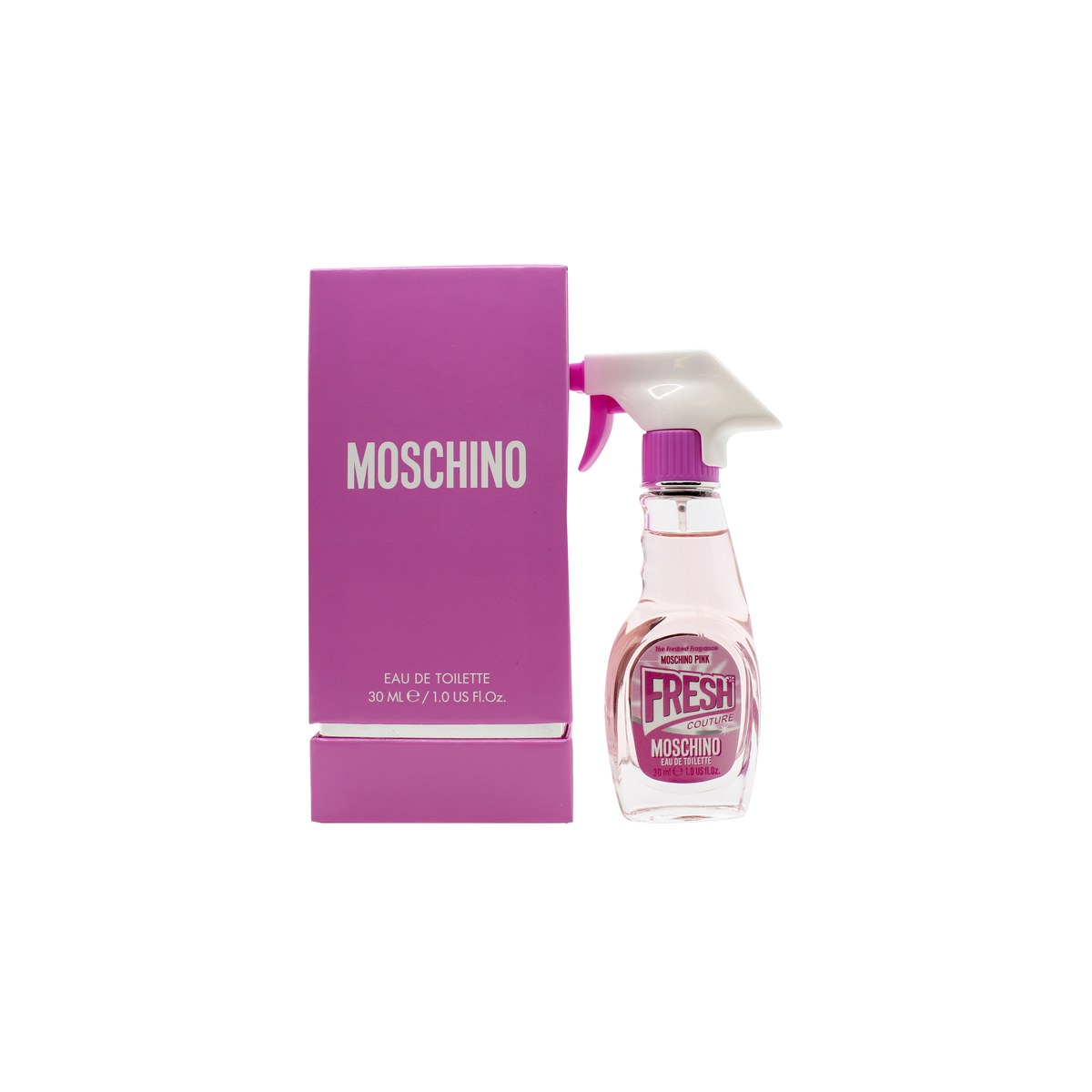 Fresh Couture Pink Eau De Toilette, Moschino 30 ml – pink sprayformet flaske med sort hætte og grafisk etiket