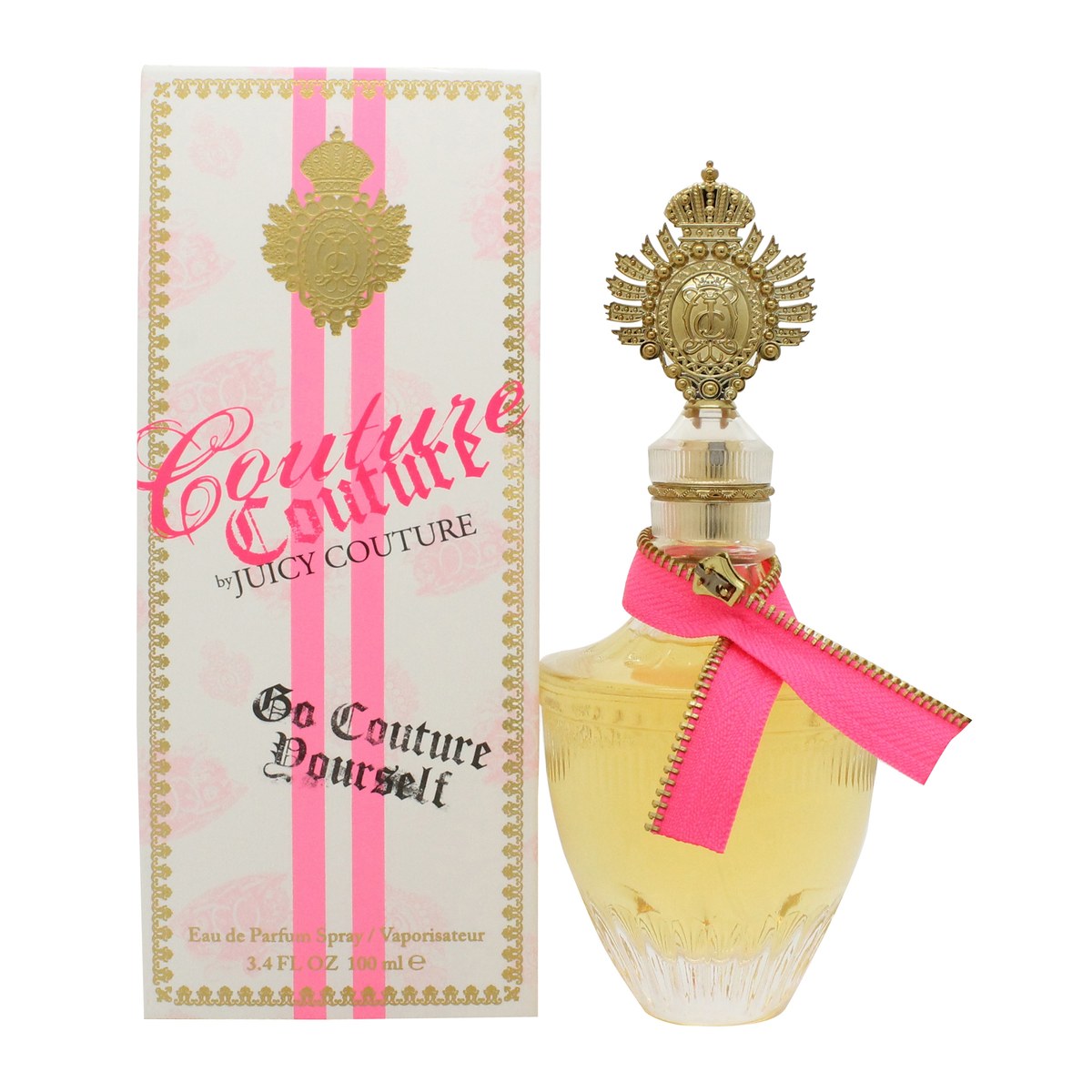 Juicy Couture Couture Couture Eau de Parfum, Juicy Couture 100 ml – gylden rund flakon med facetslebet låg og pink bånddetalje