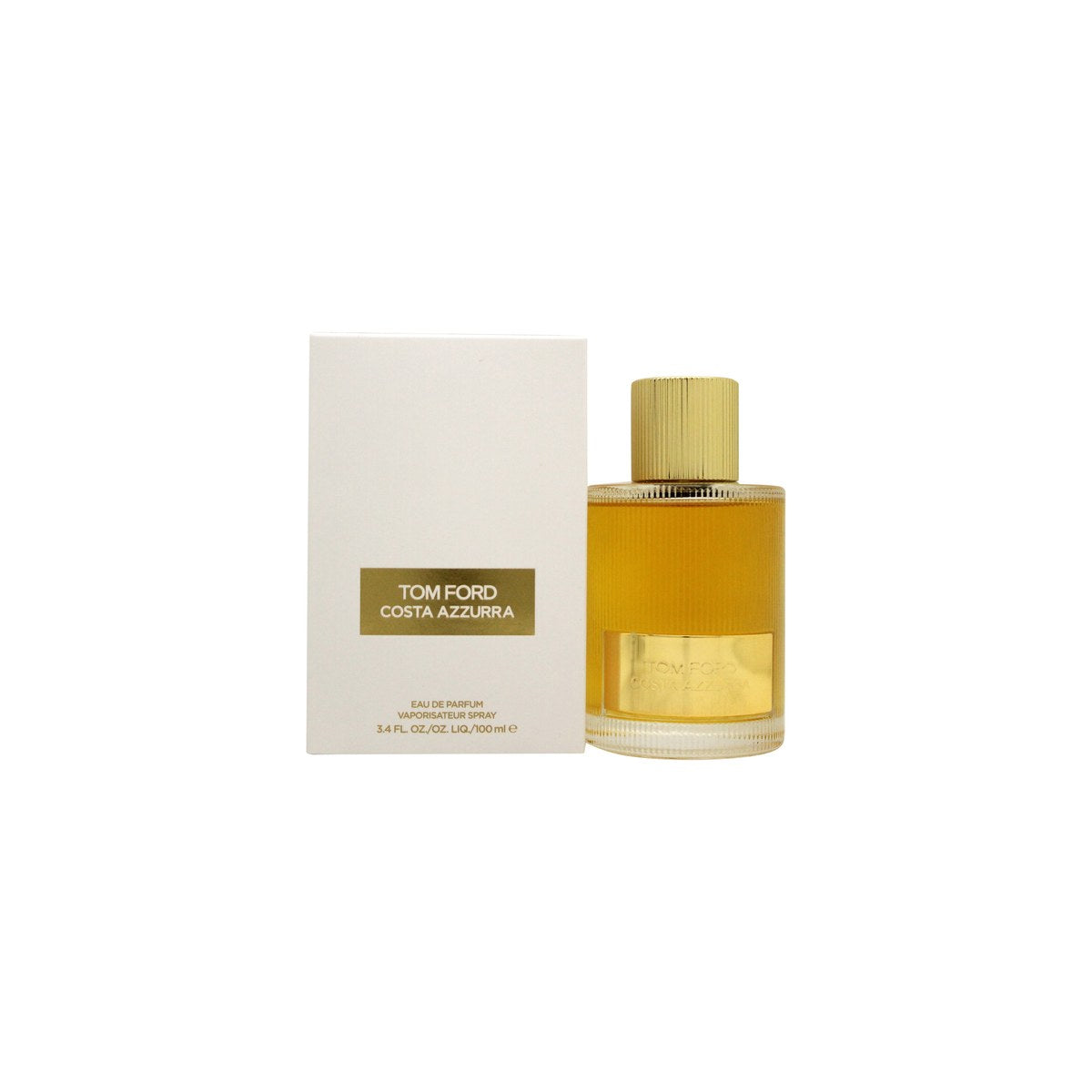 Tom Ford Costa Azzurra Eau De Parfum, Tom Ford, 100 ml – mat turkis flaske i glas med gylden label og firkantet låg