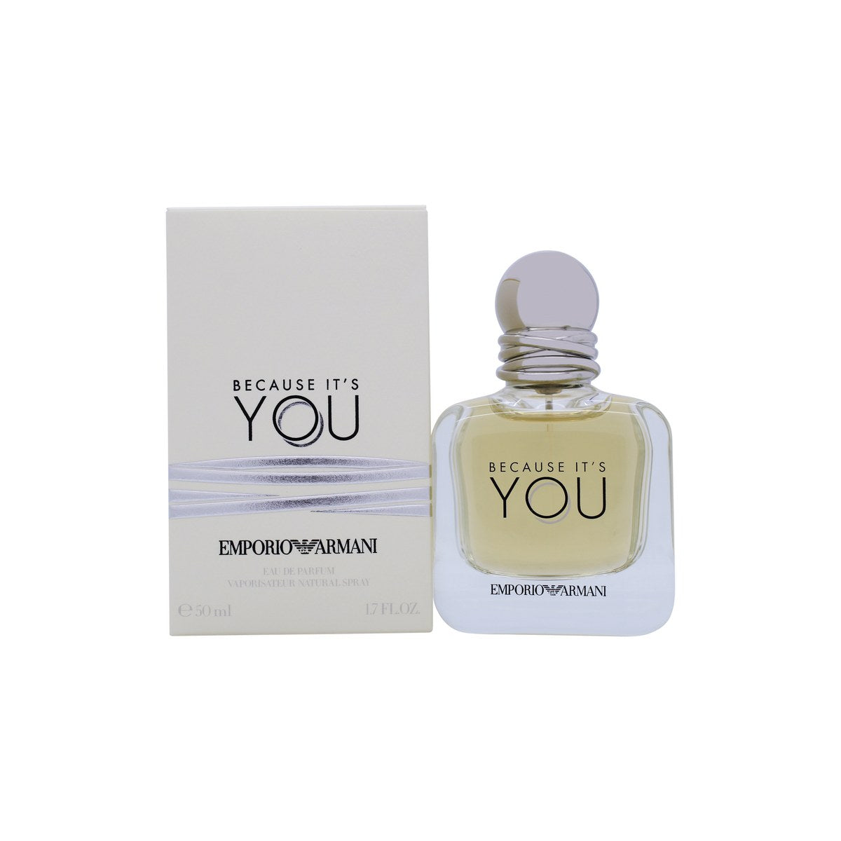 Giorgio Armani Because It's You Eau de Parfum 50 ml – klar rosa glasflaske med sort rund hætte og gyldne detaljer