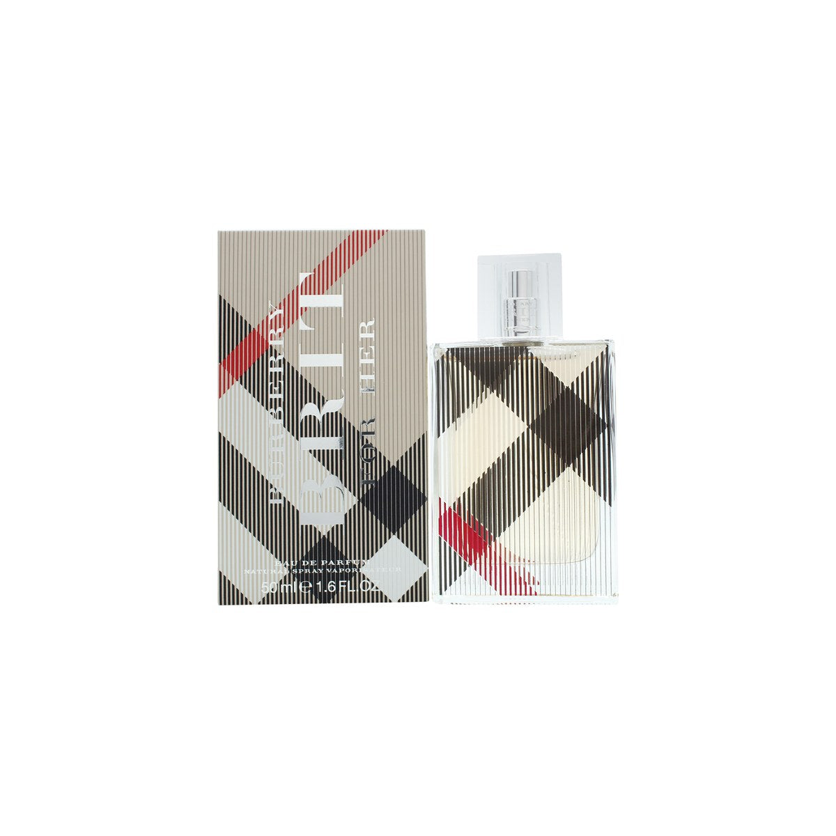 Burberry Brit Woman Eau de Parfum 50 ml fra Burberry, rektangulær glasflaske med ternet mønster og sølvfarvet låg