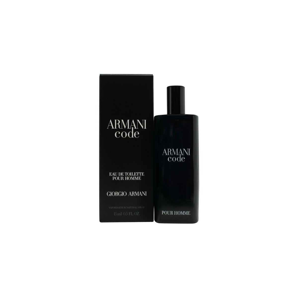 Giorgio Armani Code Eau de Toilette 15 ml – mørkeblå cylinderformet glasflaske med sort låg og enkelt design