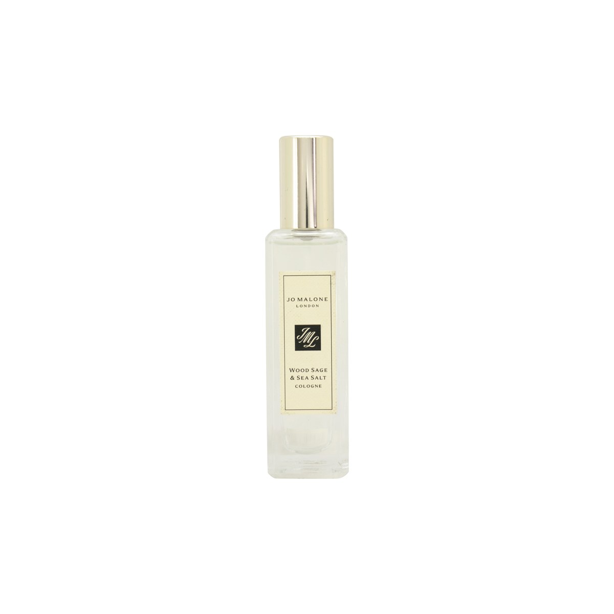 Jo Malone Wood Sage & Sea Salt Cologne 30 ml – klar, rektangulær glasflaske med sort låg og minimalistisk etiket.