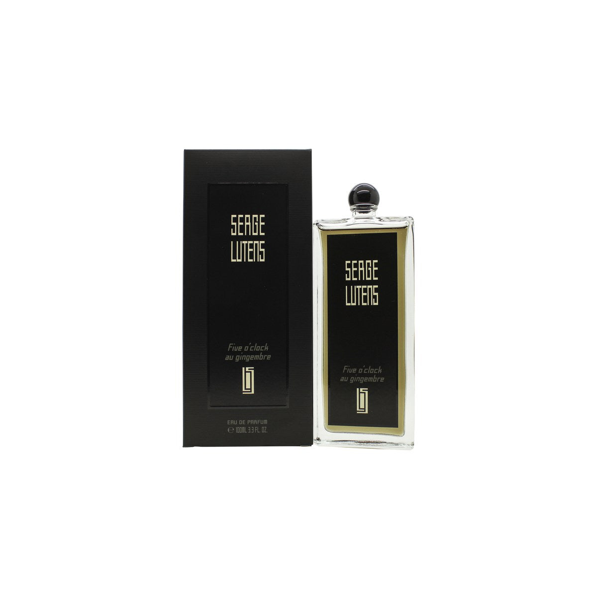 Serge Lutens Five O'Clock Au Gingembre Eau De Parfum 100 ml, klar rektangulær glasflaske med sort etiket og låg