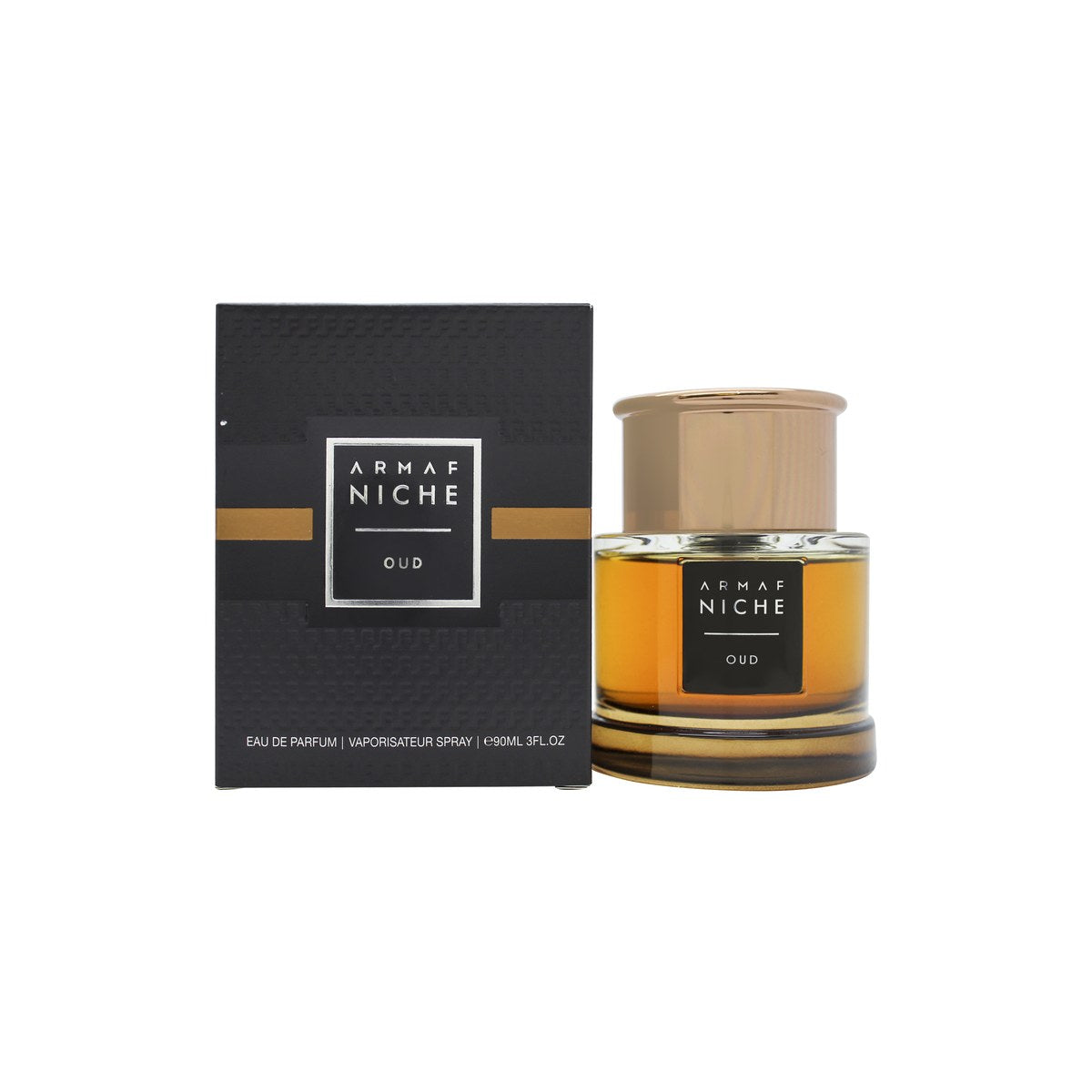 Armaf Niche Oud Eau de Parfum, Armaf, 90 ml – sort, firkantet flakon med gyldent emblem og matchende låg.