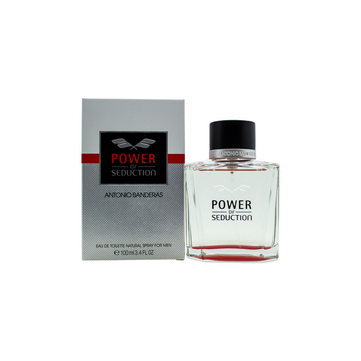 Antonio Banderas Power of Seduction Eau de Toilette 100 ml, Antonio Banderas – rektangulær mørkeblå glasflaske med sort låg