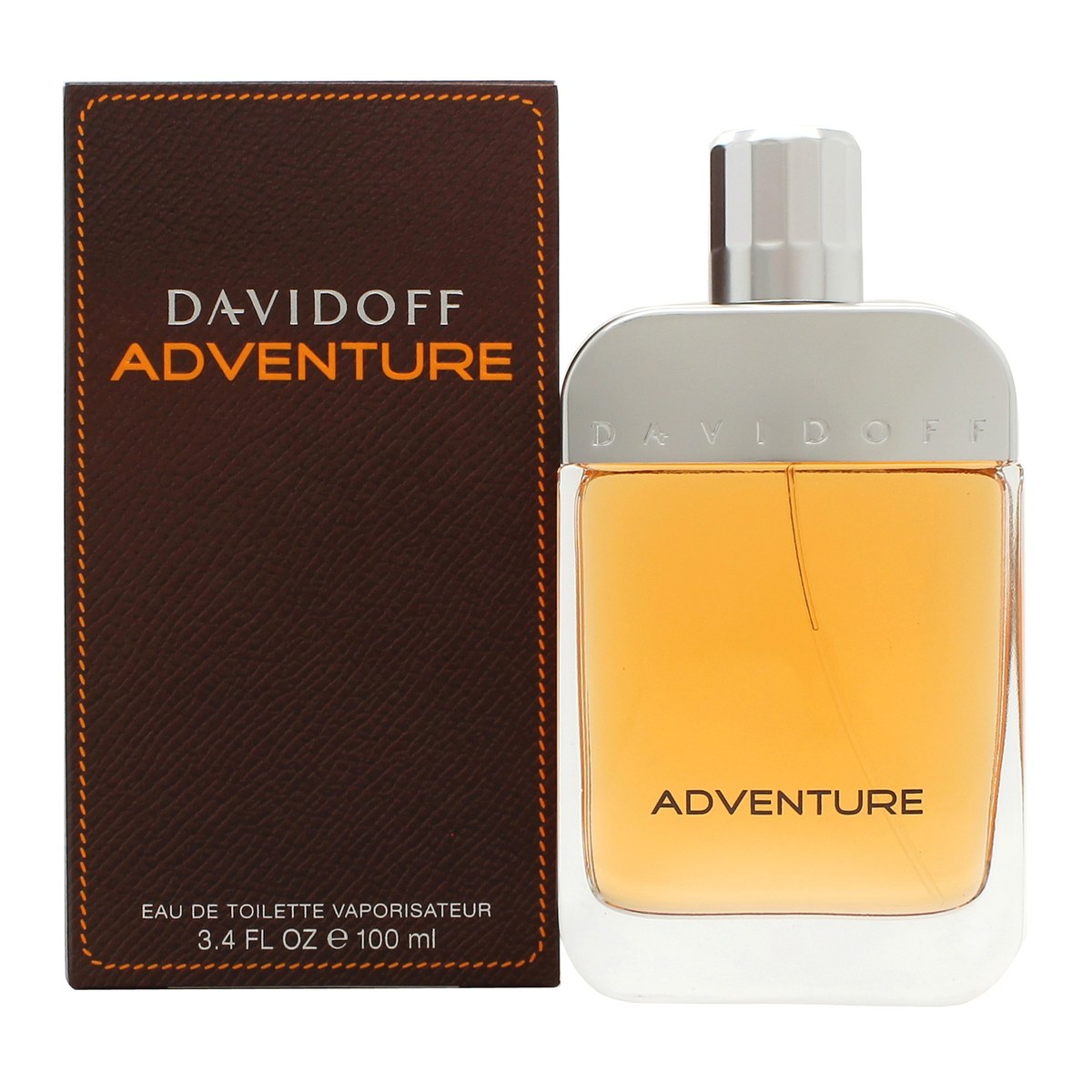 Adventure Eau De Toilette Davidoff 100 ml, robust rektangulær flakon i brunlige metaltoner med råt, rejseinspireret design