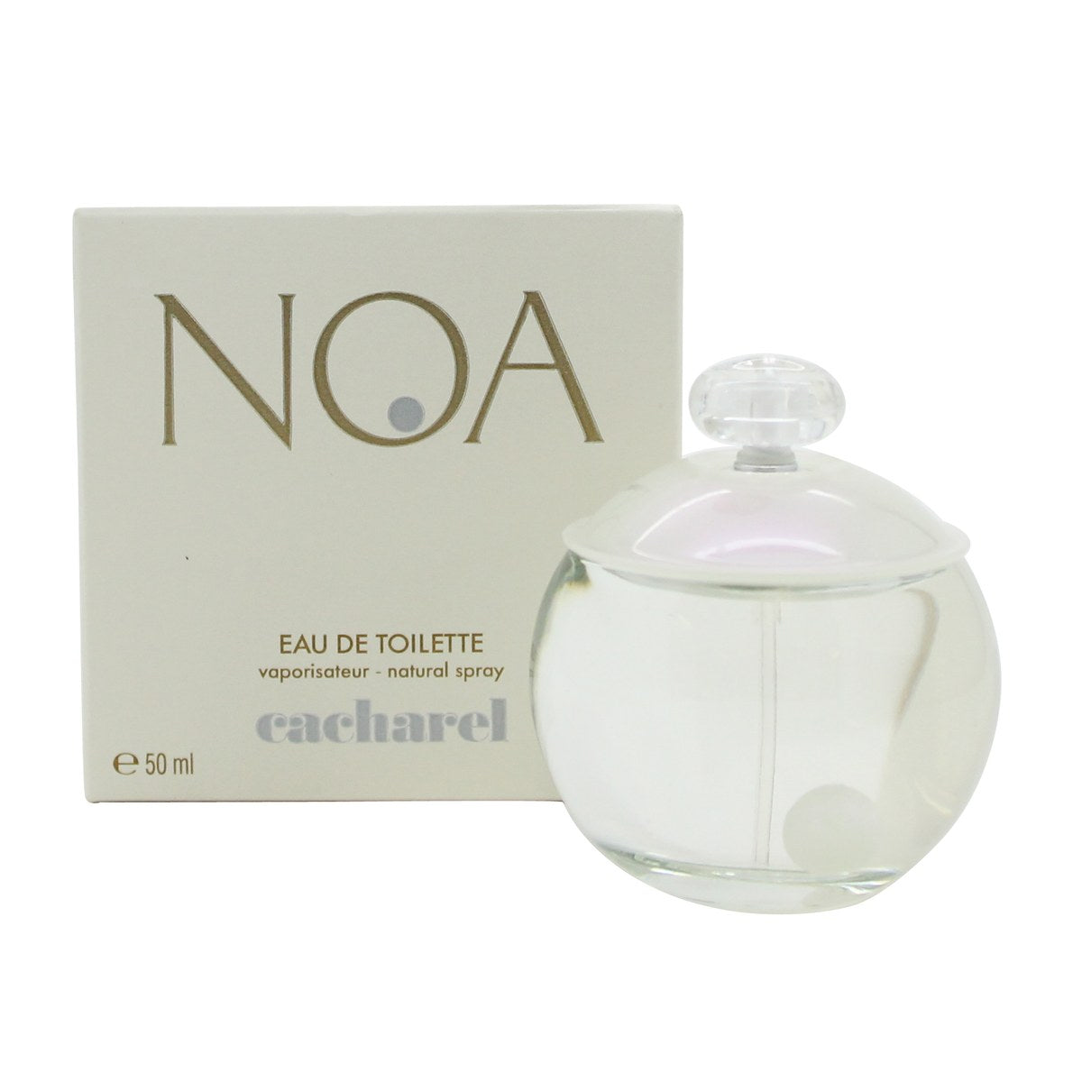 Cacharel Noa Eau de Toilette, Cacharel 50 ml – rund klar glasflaske med perlehvid kerne og sølvfarvet låg.