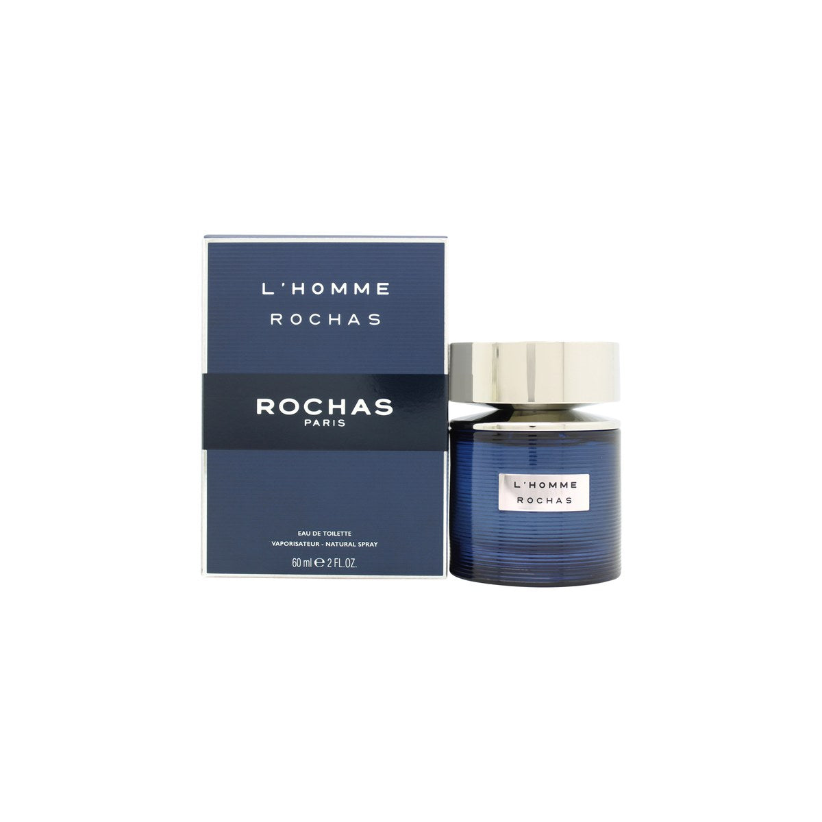 L'Homme Rochas Eau De Toilette Rochas 60 ml, rektangulær dybblå glasflaske med stribet relief og metalplade foran.