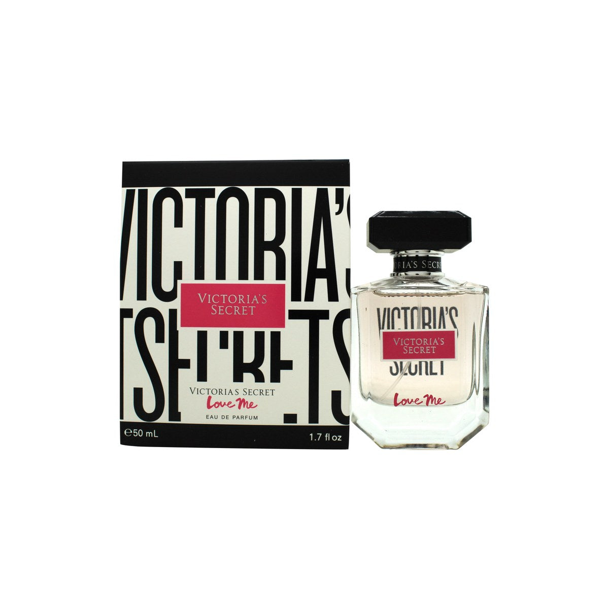 Victoria's Secret Love Me Eau de Parfum 50 ml i rosa facetslebet flakon med sort låg og romantisk udtryk