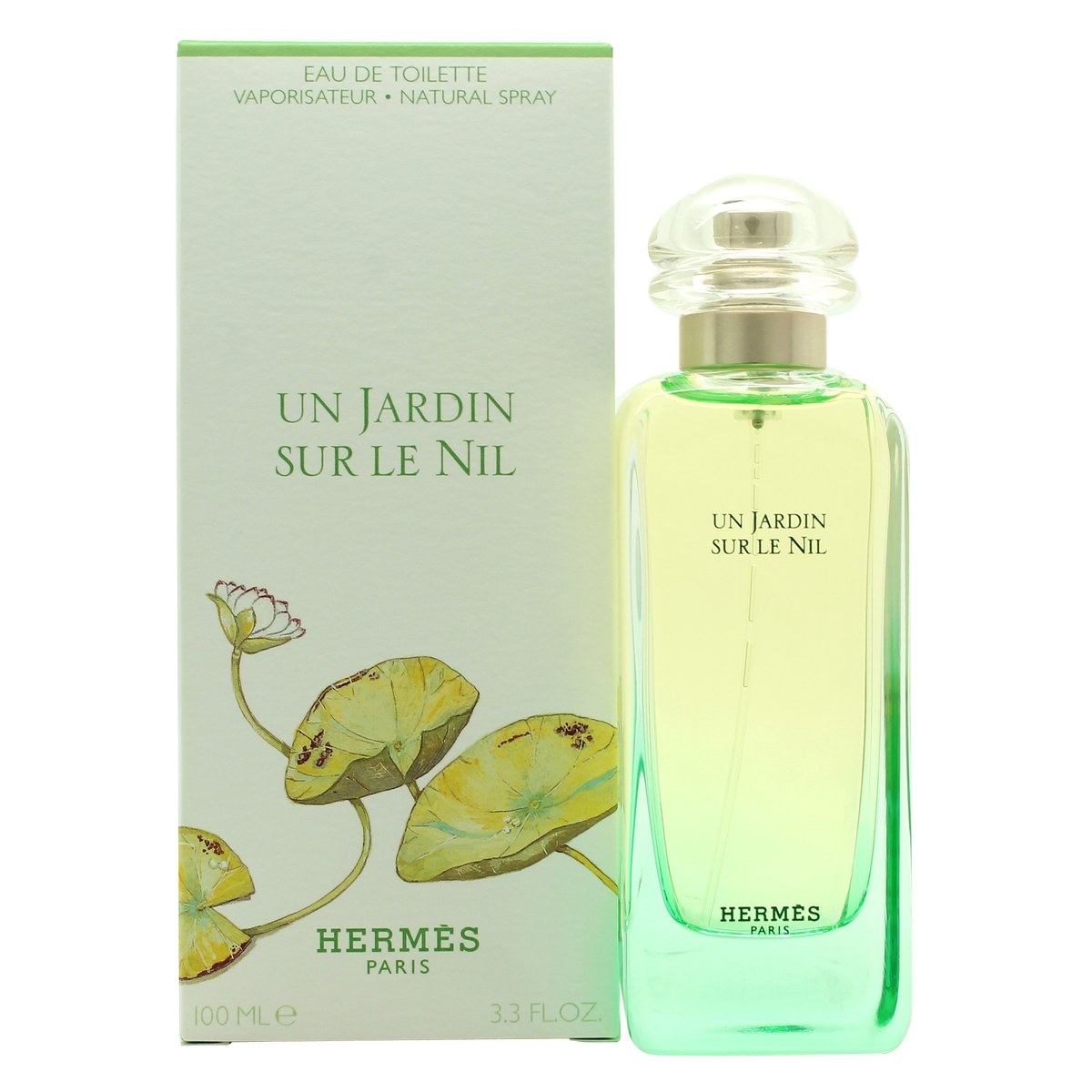 Un Jardin Sur Le Nil Eau De Toilette Hermès 100 ml, klar glasflakon med blød grøn gradient, afrundet form og etiket