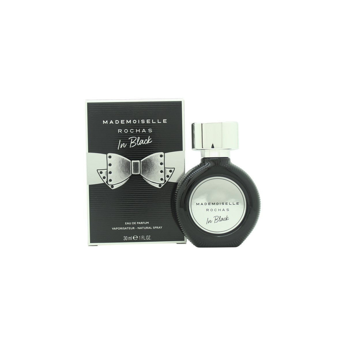 Rochas Mademoiselle In Black Eau de Parfum 30 ml – sort, slank glasflakon med gyldne detaljer og bånd ved halsen