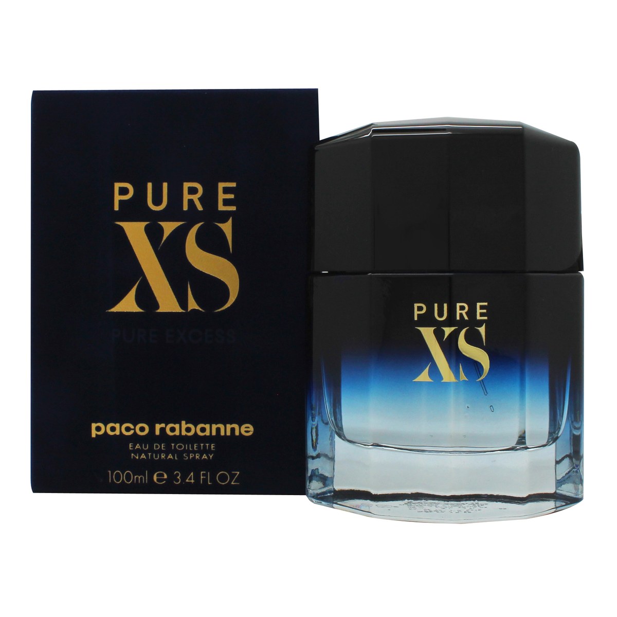 Paco Rabanne Pure XS Eau de Toilette 100 ml – mørkeblå rektangulær glasflaske med gyldent låg og sort pumpedesign