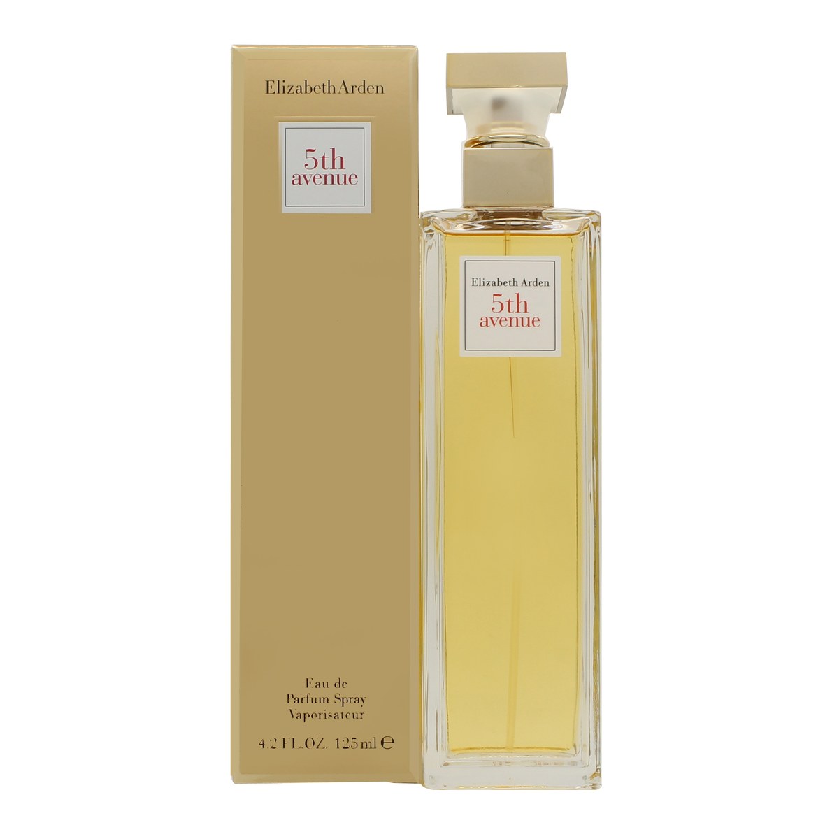 Elizabeth Arden Fifth Avenue Eau de Parfum 125 ml fra Elizabeth Arden, klar høj glasflakon med gul parfumetone og guldlåg