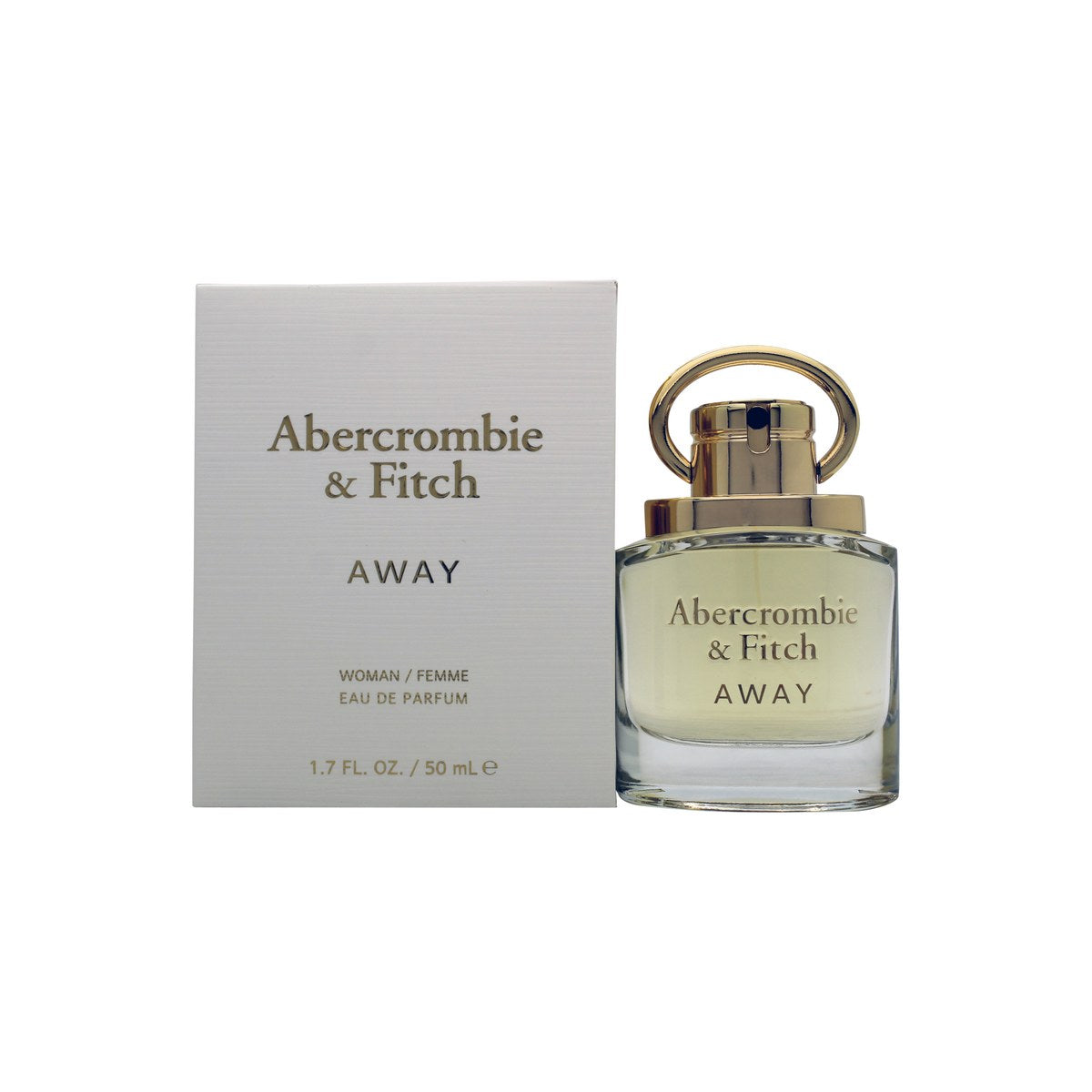 Abercrombie & Fitch Away Woman Eau de Parfum 50 ml – klar flakon med sølv låg og enkelt design i blød rosa tone.