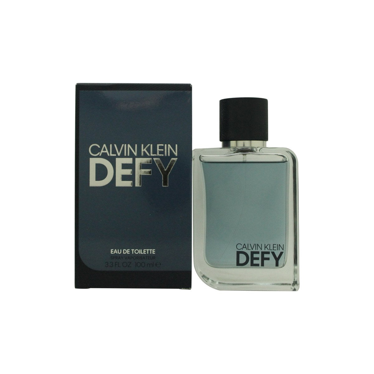 Calvin Klein Defy Eau de Toilette 100ml fra Calvin Klein, 100 ml, i klar glasflaske med blågrå tone og sort hætte.