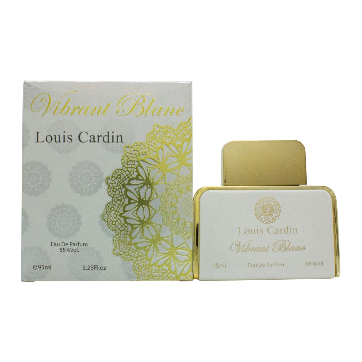 Louis Cardin Vibrant Blanc Eau de Parfum 95 ml – klar, rektangulær glasflaske med sølvkork og hvid etiket.