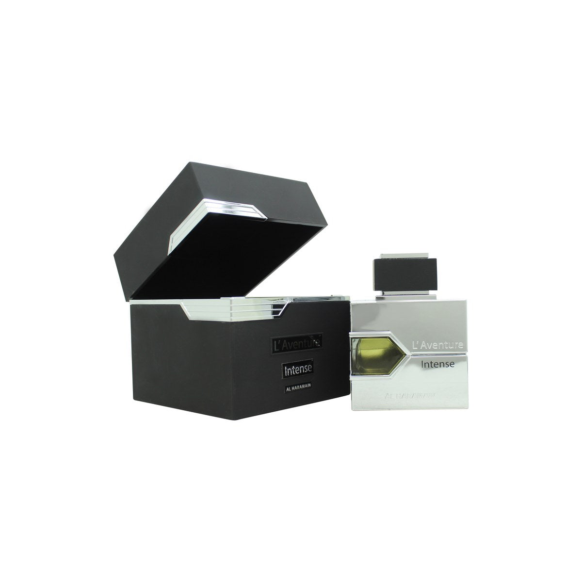 L'Aventure Intense Eau De Parfum, Al Haramain 100 ml – sort mat firkantet flakon med sølvmønstret front og sølvfarvet hætte