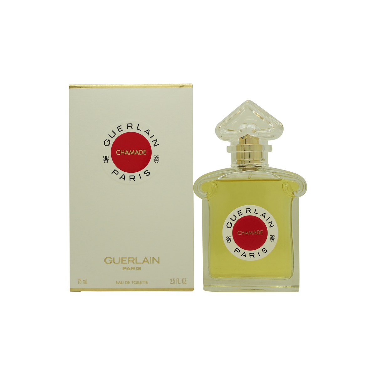 Guerlain Chamade Eau de Toilette 75 ml med ikonisk hjerteformet flakon i klart glas og gylden prop, ravfarvet duft.