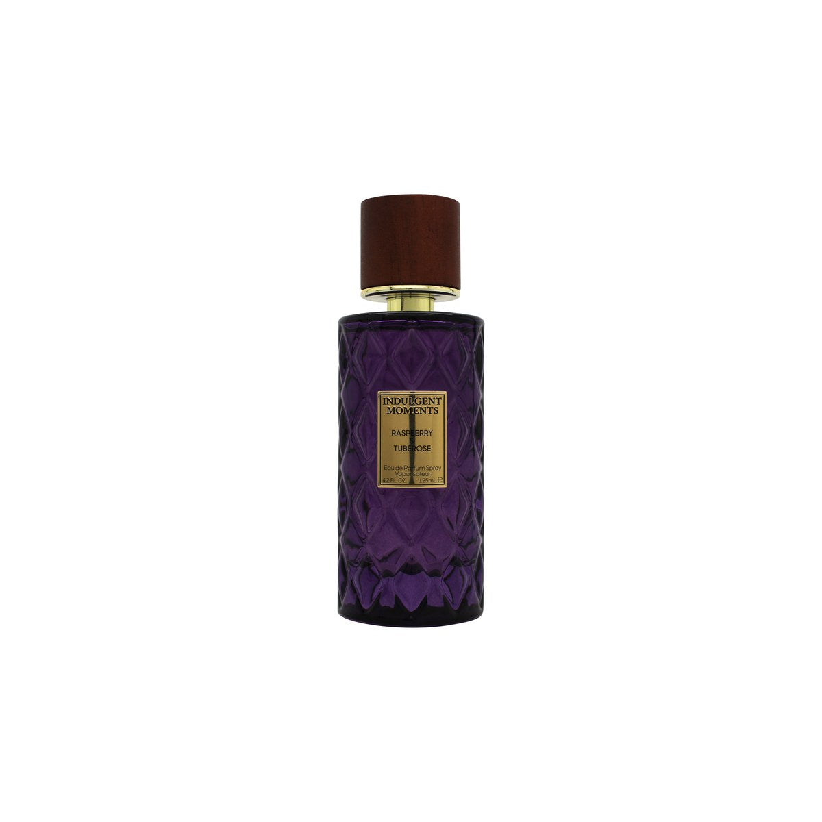Indulgent Moments Raspberry & Tuberose Eau de Parfum 125 ml, lyserød glasflaske med sølvfarvet låg og enkel feminin etiket.