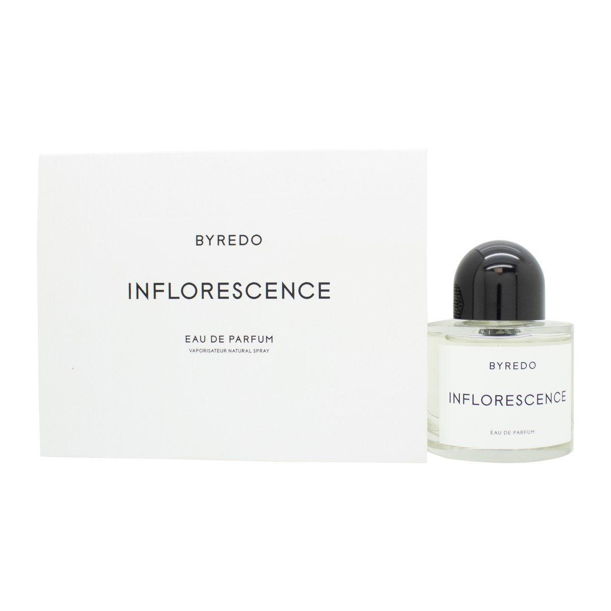 Byredo Inflorescence Eau de Parfum 100 ml fra Byredo – klar, cylindrisk glasflakon med sort låg og enkel etiket.