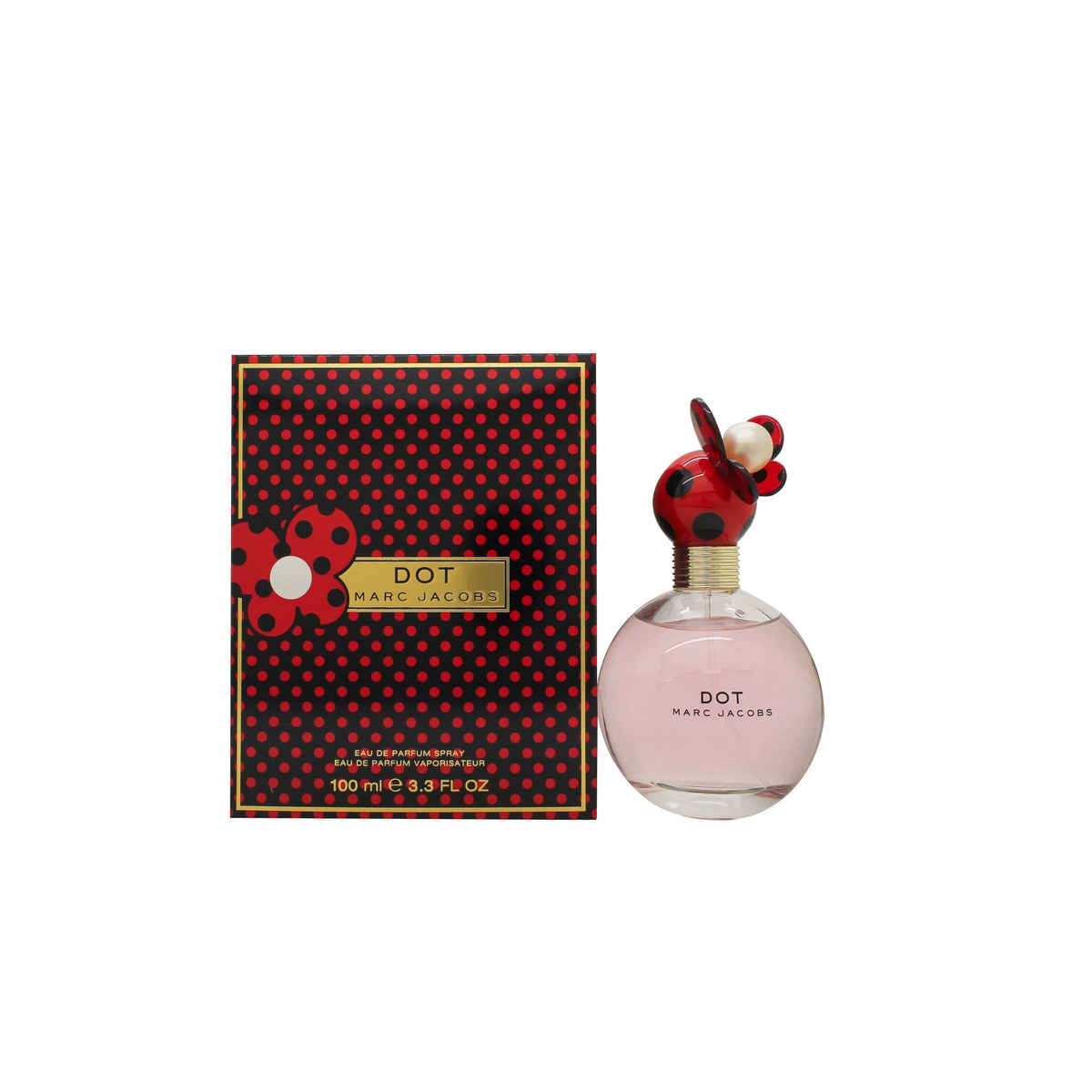 Marc Jacobs Dot Eau de Parfum 100 ml – rund rød flakon med sorte prikker og gylden hætte med sommerfugledetaljer