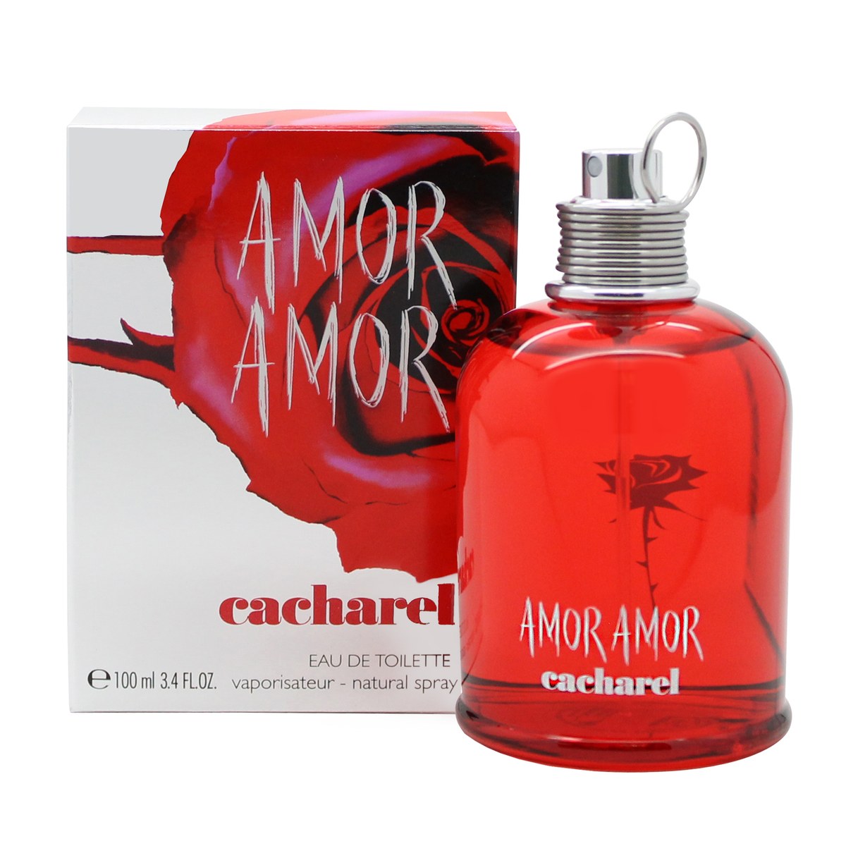Cacharel Amor Amor Eau de Toilette 100 ml fra Cacharel i 100 ml rund, rød glasflakon med sølvhals og sort tryk.