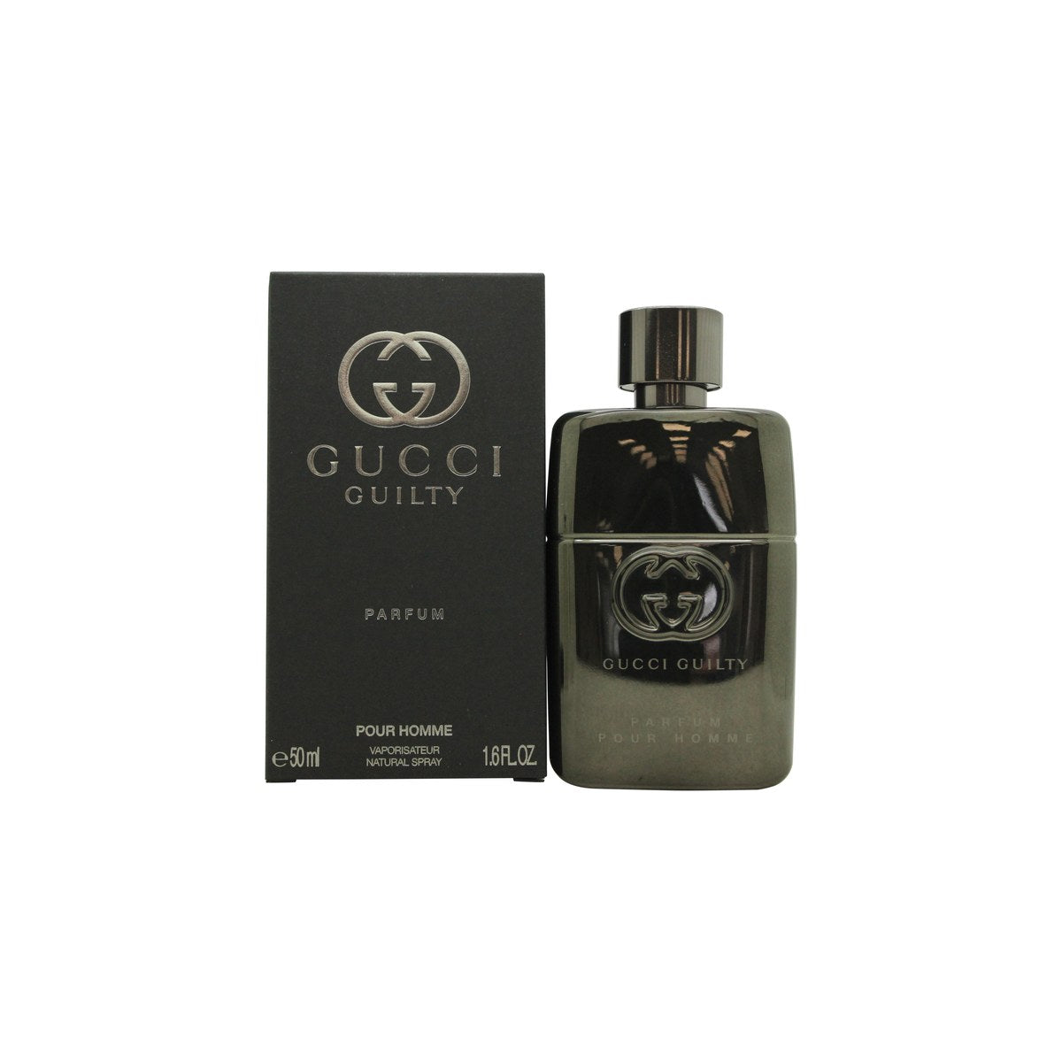 Gucci Guilty Pour Homme Parfum, Gucci 50 ml – sort, mat rektangulær flakon med sølv GG-logo og blank hætte