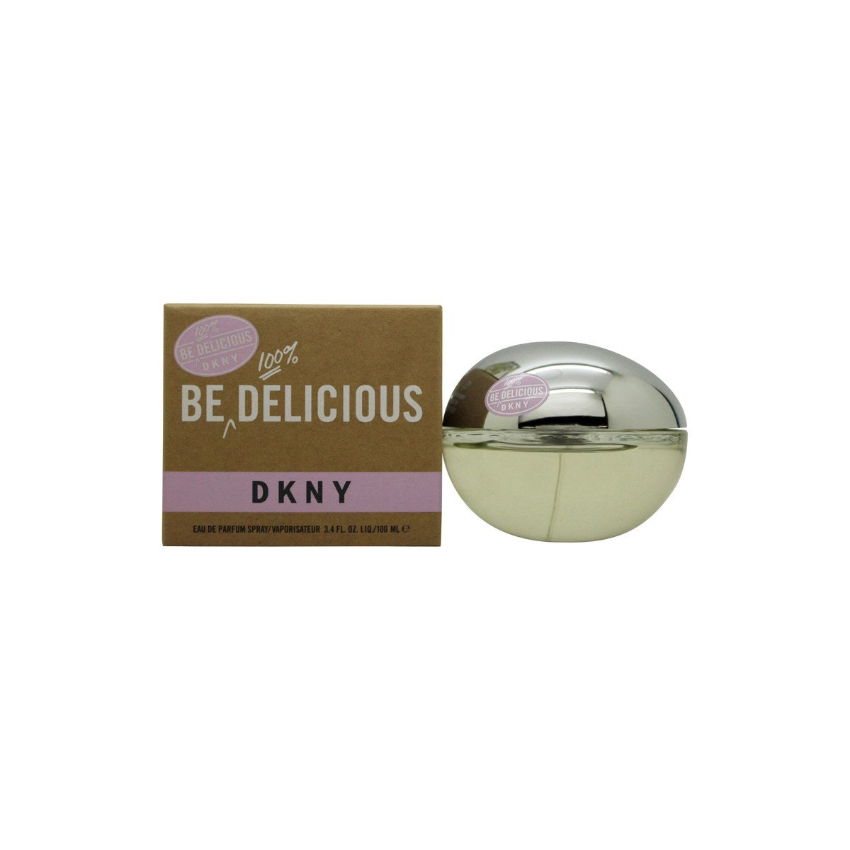 DKNY DKNY Be 100% Delicious Eau de Parfum 100 ml – klar grøn æbleformet glasflaske med sølvhals og rund sølvkappe