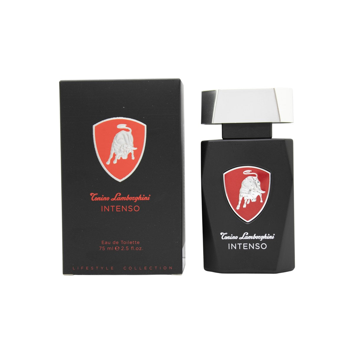 Lamborghini Intenso Eau de Toilette 75 ml fra Lamborghini i sort, kantet glasflaske med sølv logo og maskulin finish